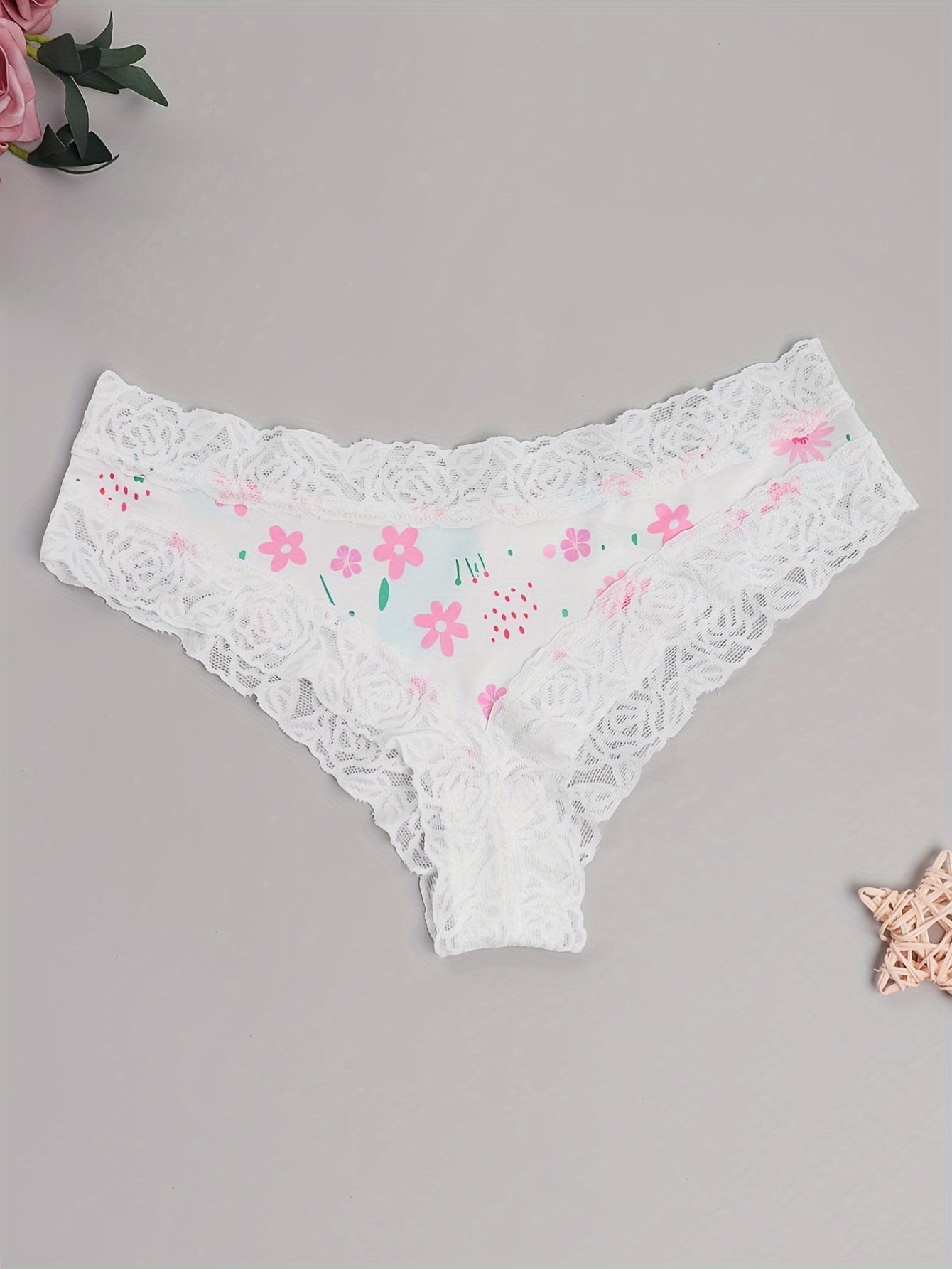 3 Pack Plus Size Cheeky Panties - Floral & Heart & Cat Print Lace Trim