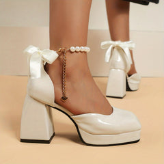 Pearl Chain Block Heels with Bowknot - Dress Pumps