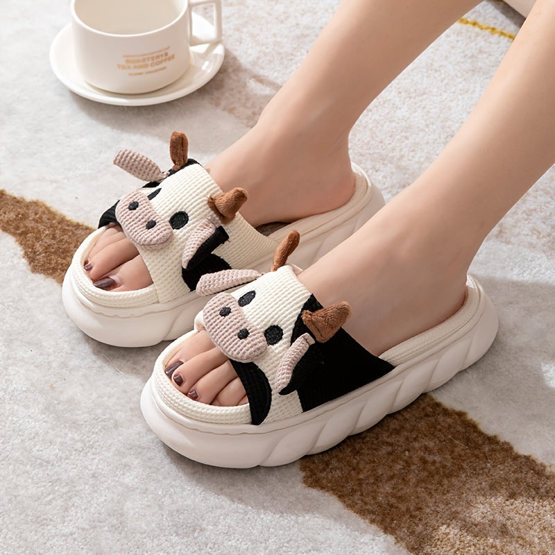Women's Cartoon Cow House Slippers Soft Anti-slip Warm Plush Slides