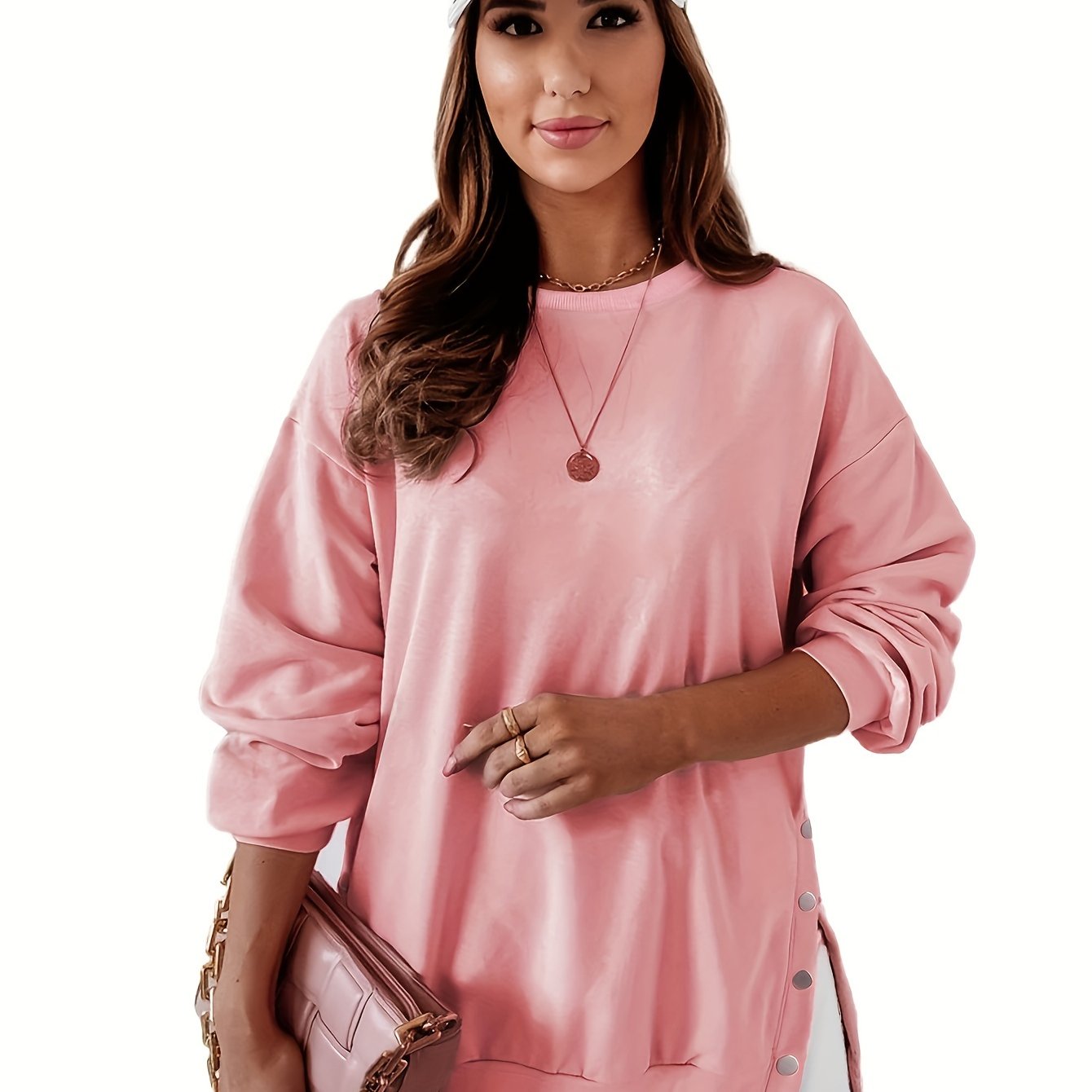 Solid Button Side Sweatshirt Casual Long Sleeve Crew Neck Sweatshirt Women's Clo