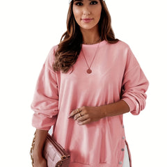 Solid Button Side Sweatshirt Casual Long Sleeve Crew Neck Sweatshirt Women's Clo