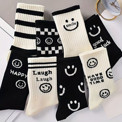 Smiling Face Print Socks in 8 Pairs Mid Tube Women's Stockings