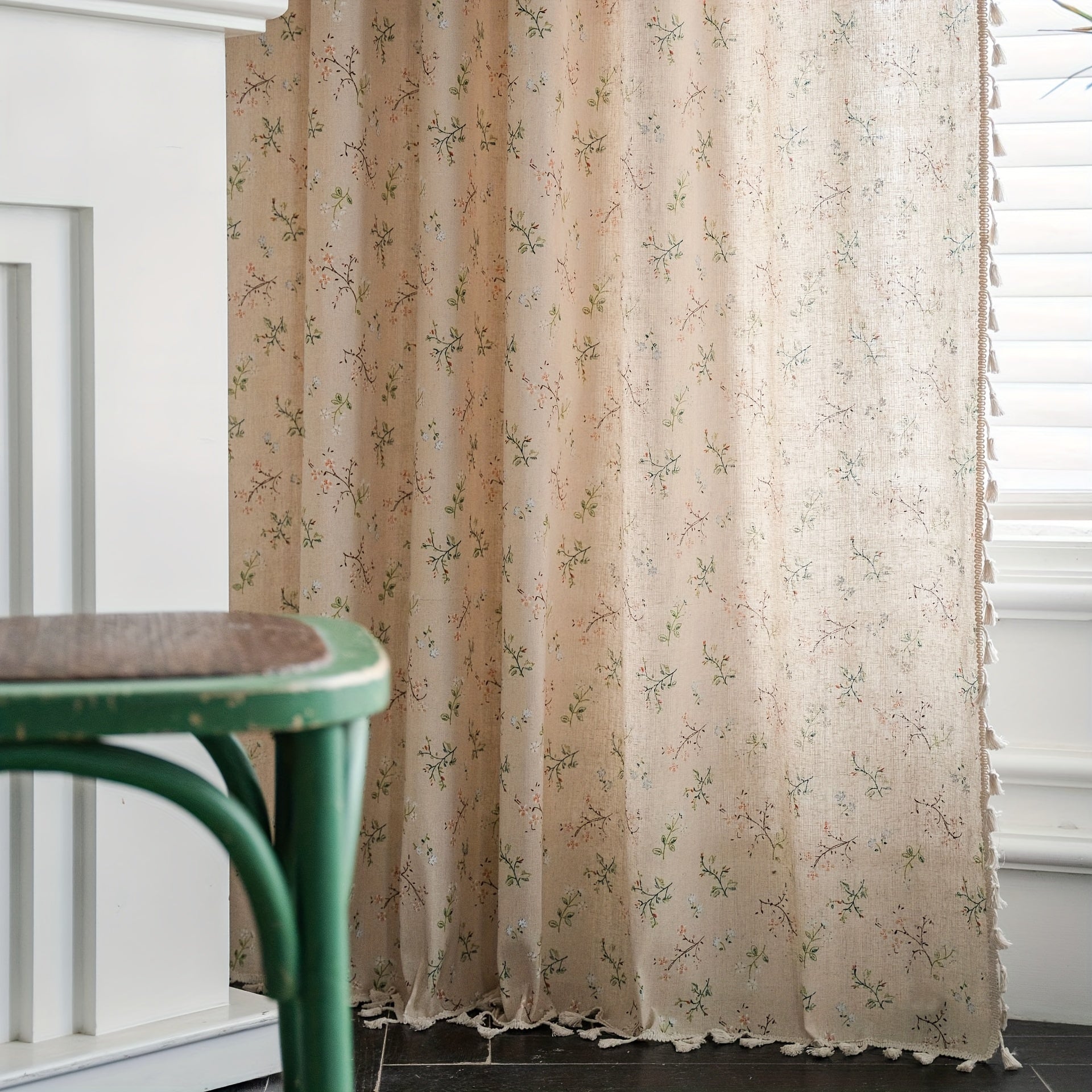 Floral Farmhouse Curtains with Tassel Semi Blackout Living Room Drapes