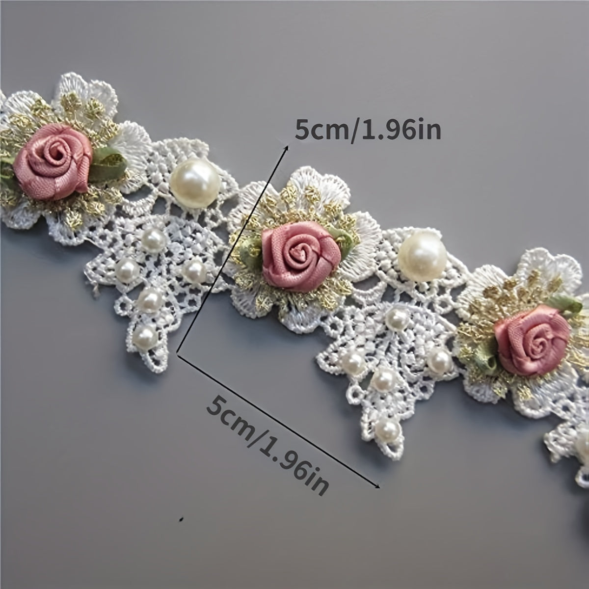 Vintage Faux Pearl Rose Flowers Embroidered Lace Trim Fabric