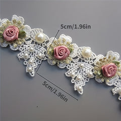Vintage Faux Pearl Rose Flowers Embroidered Lace Trim Fabric