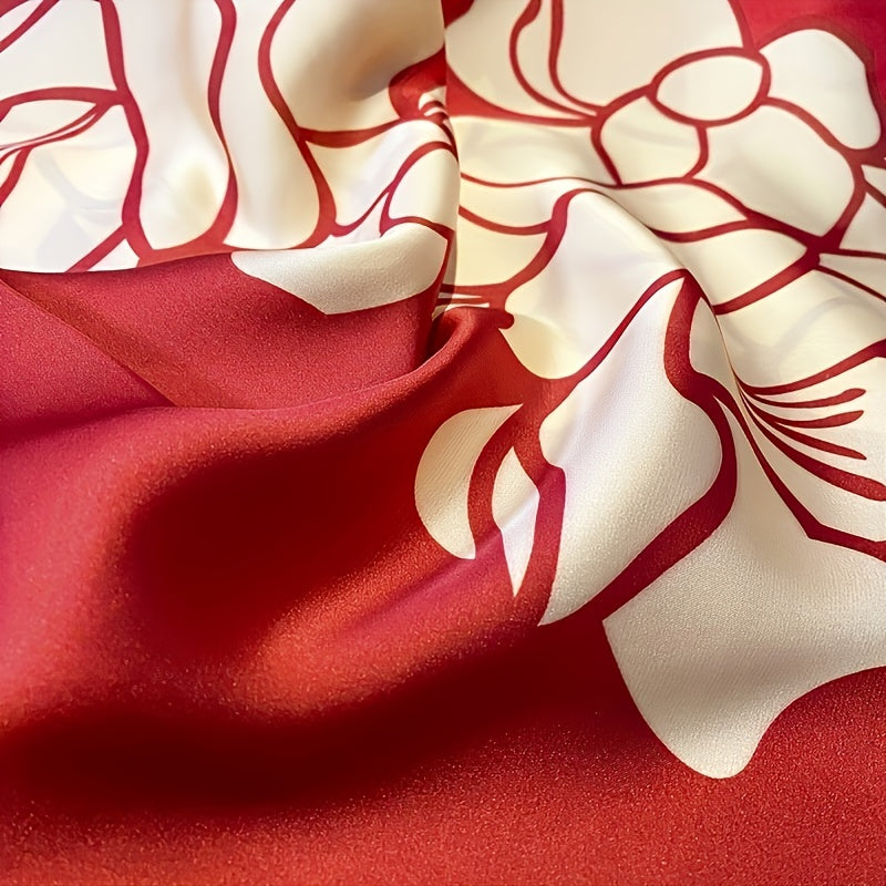 Red Big Flower Print Scarf Block Satin Shawl Silk Head Wrap