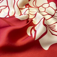 Red Big Flower Print Scarf Block Satin Shawl Silk Head Wrap