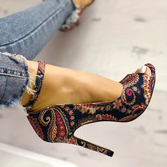 Retro Flower Stiletto Heels Peep Toe Buckle Pumps Summer