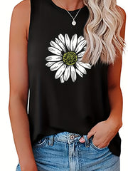 Flower Print Crew Neck Tank Top Sleeveless for Summer
