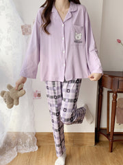 Bear Print Lounge Set Top & Plaid Pants Women's Loungewear
