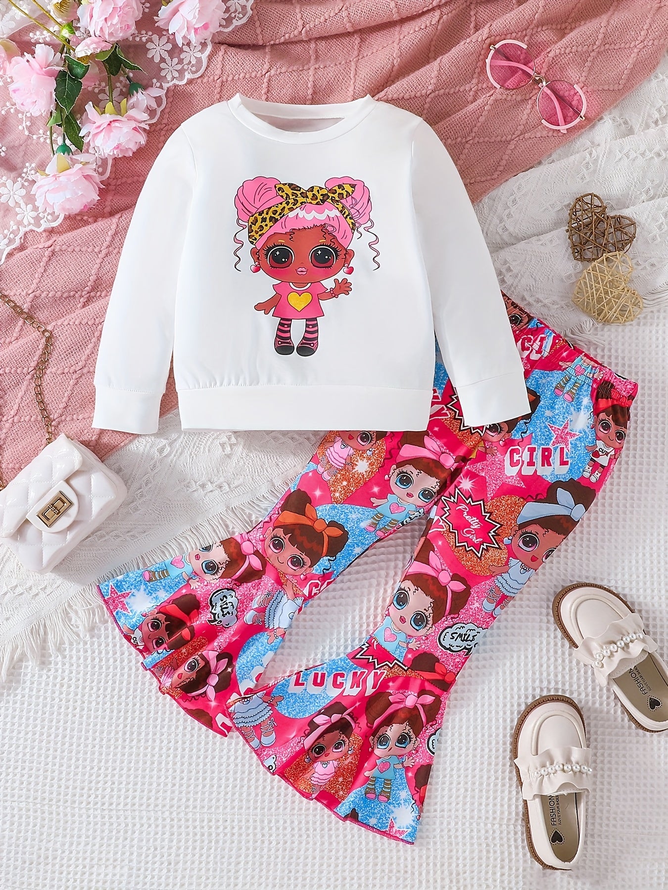 Anime Girl Pattern Sweatshirt & Flared Pants Set for Girls