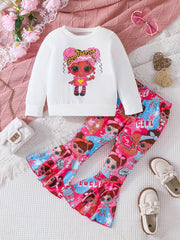 Anime Girl Pattern Sweatshirt & Flared Pants Set for Girls
