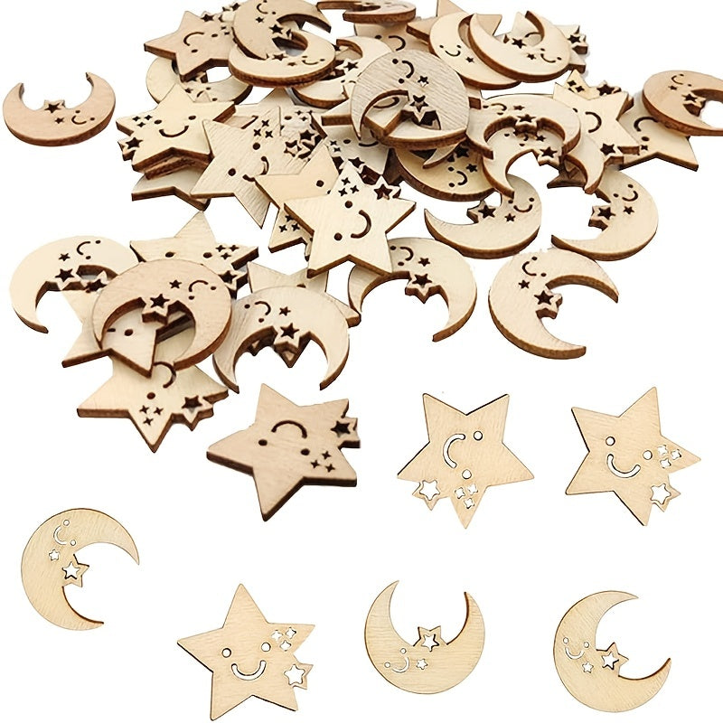 50pcs Star & Moon Wooden DIY Craft Cutouts Wooden Slices Gift Ornaments