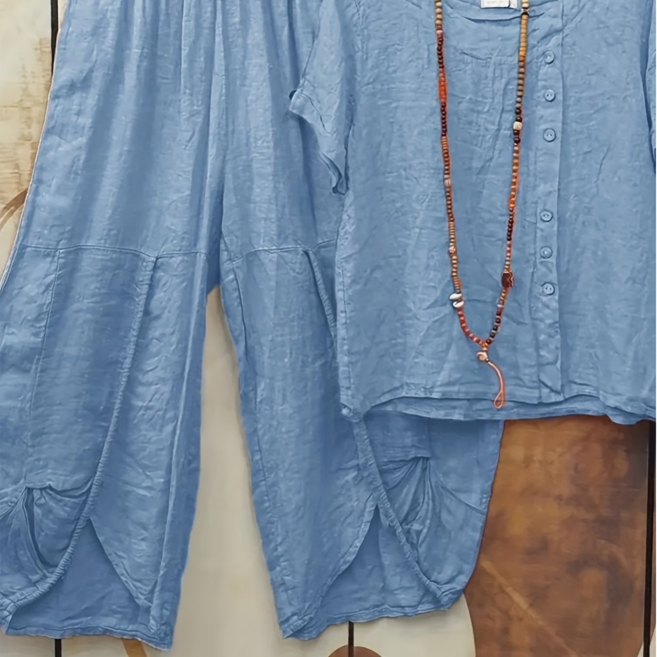 Solid Button Decor Top & Split Harem Pants Set