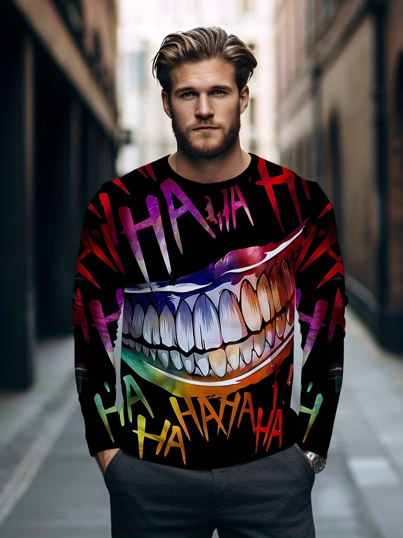 Smile Print Men's Long Sleeve Tee Stylish T-shirt