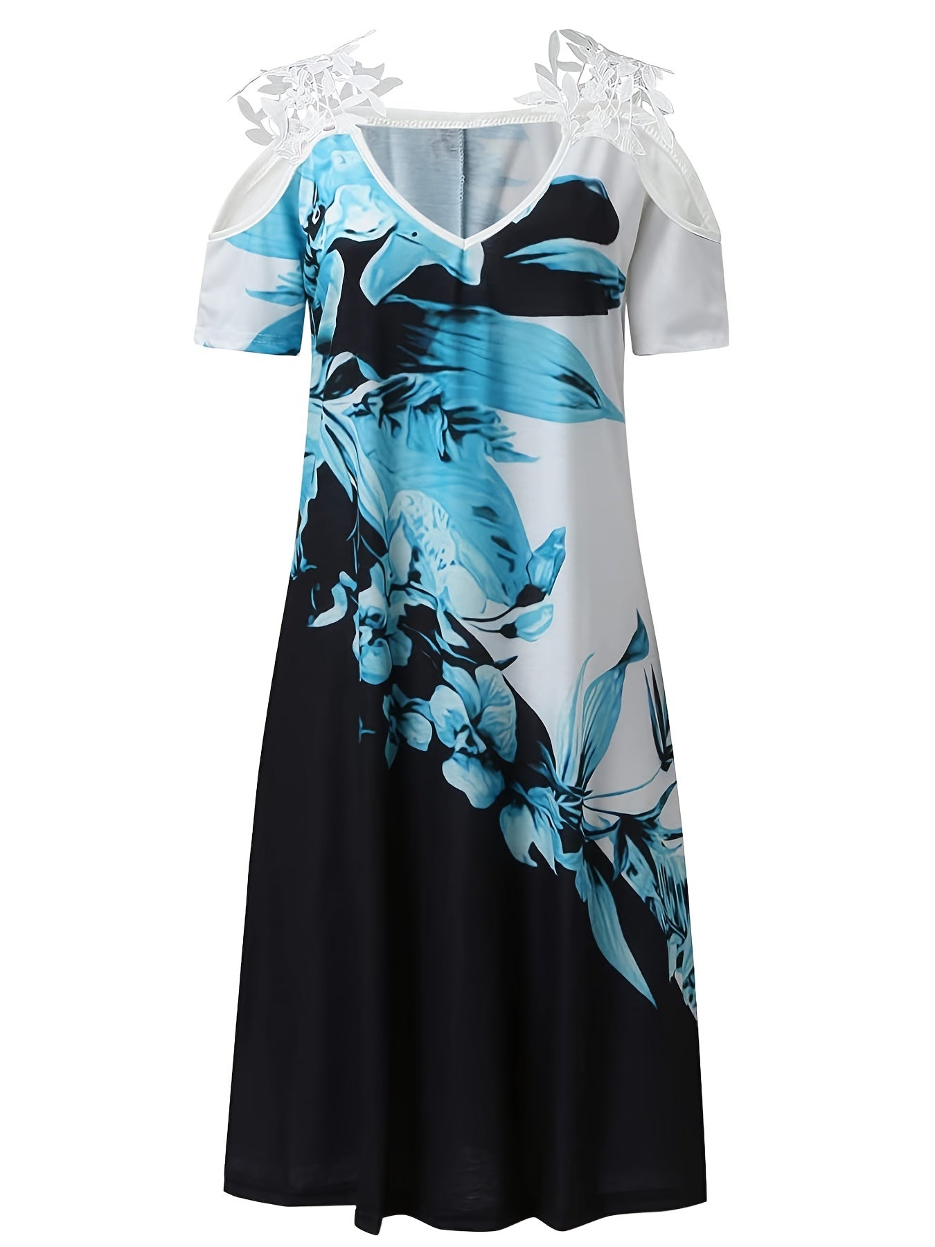Women's Floral Cold Shoulder V Neck Midi Dress