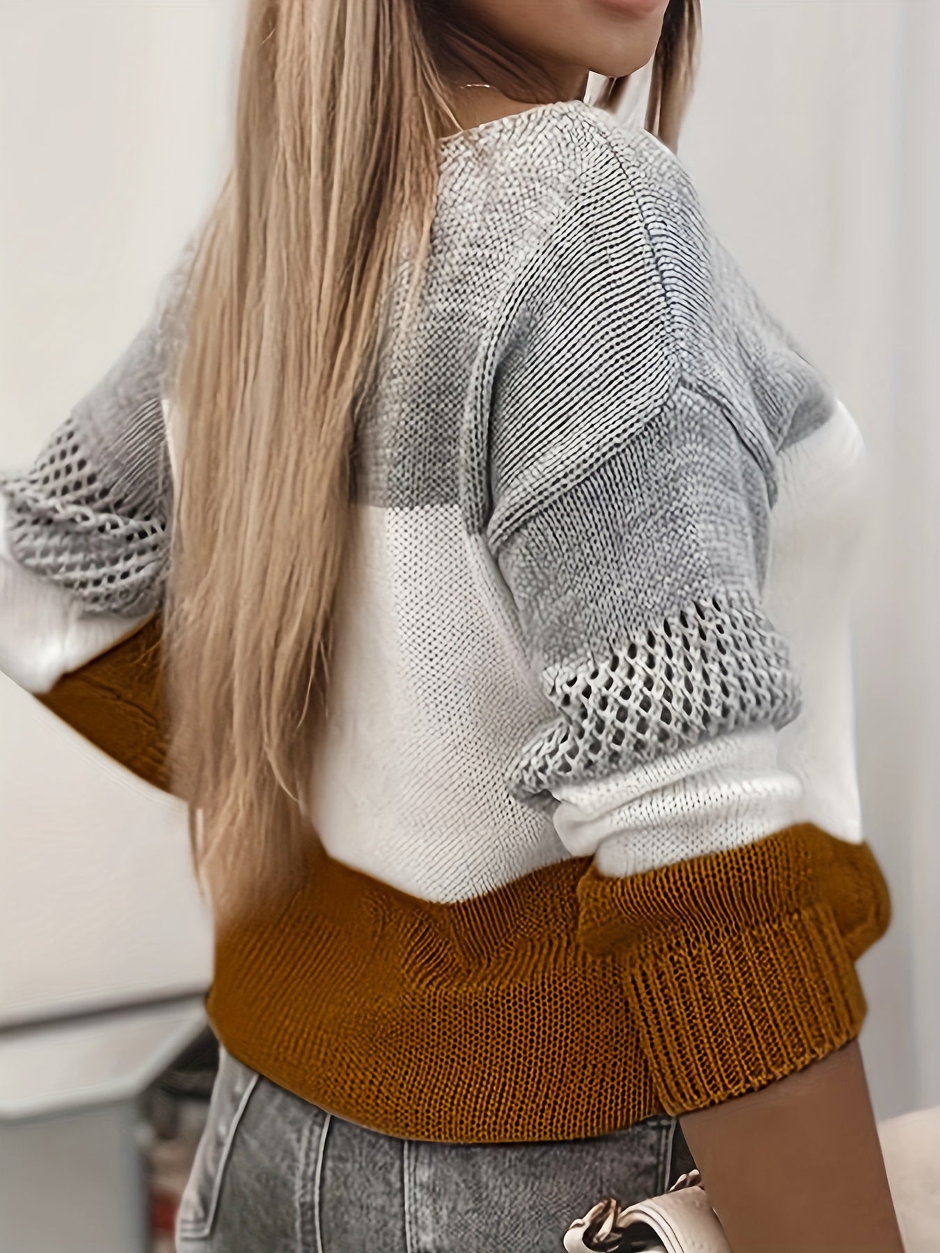 Casual Long Sleeve Block Cut Out Sweater