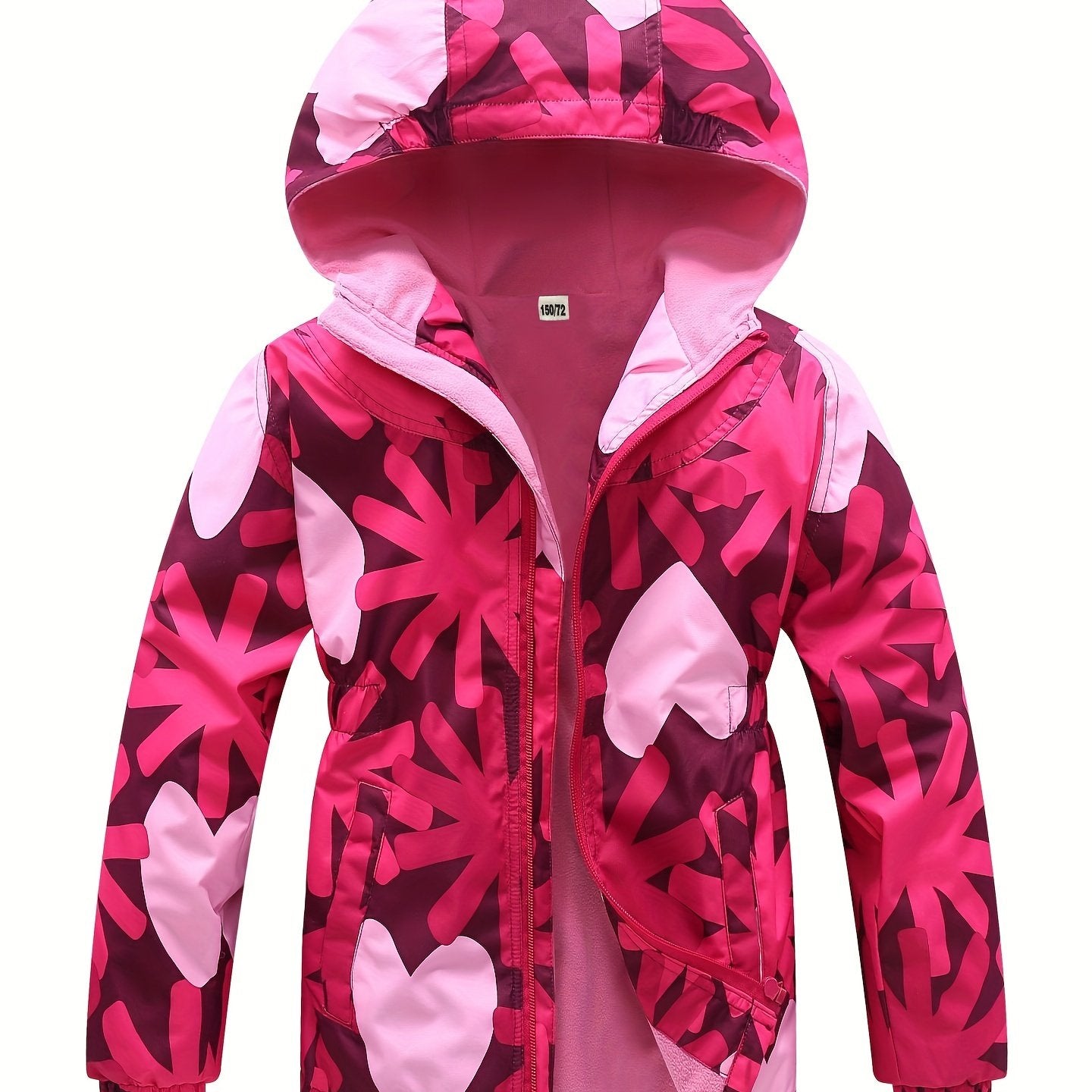 Girls' Fleece Thermal Hooded Jacket Windbreaker Hearts Print