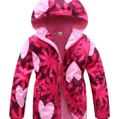 Girls' Fleece Thermal Hooded Jacket Windbreaker Hearts Print
