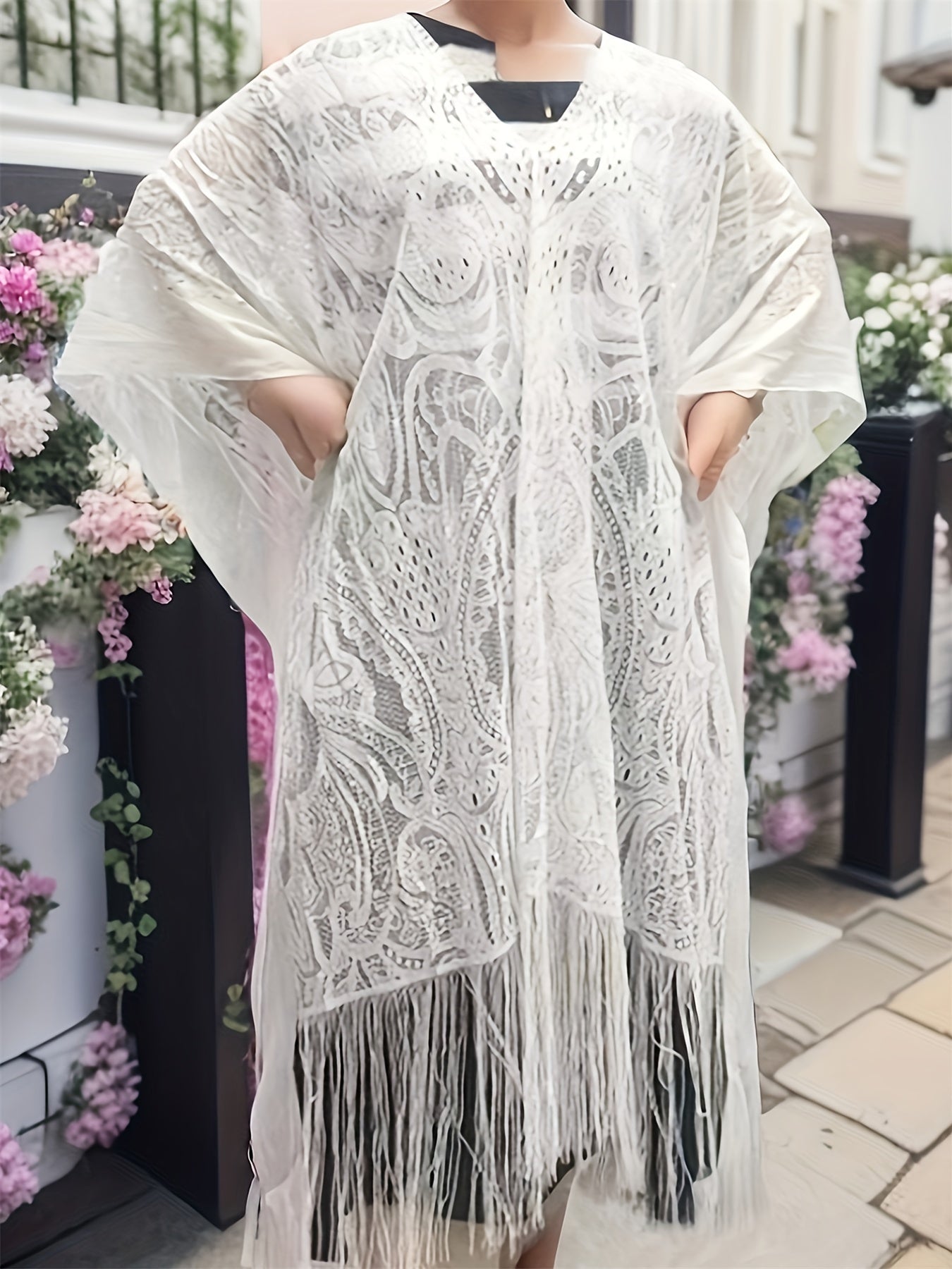 Fringe Trim Cover Up Dress V Neck Kaftan Women's Swimwear