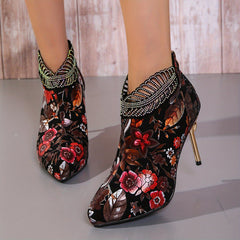Floral Print Rhinestone Stiletto Heel Boots