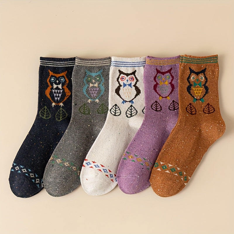 5 Pairs Owl Print Socks Cute & Cozy Women's Stockings & Hosiery