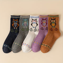 5 Pairs Owl Print Socks Cute & Cozy Women's Stockings & Hosiery