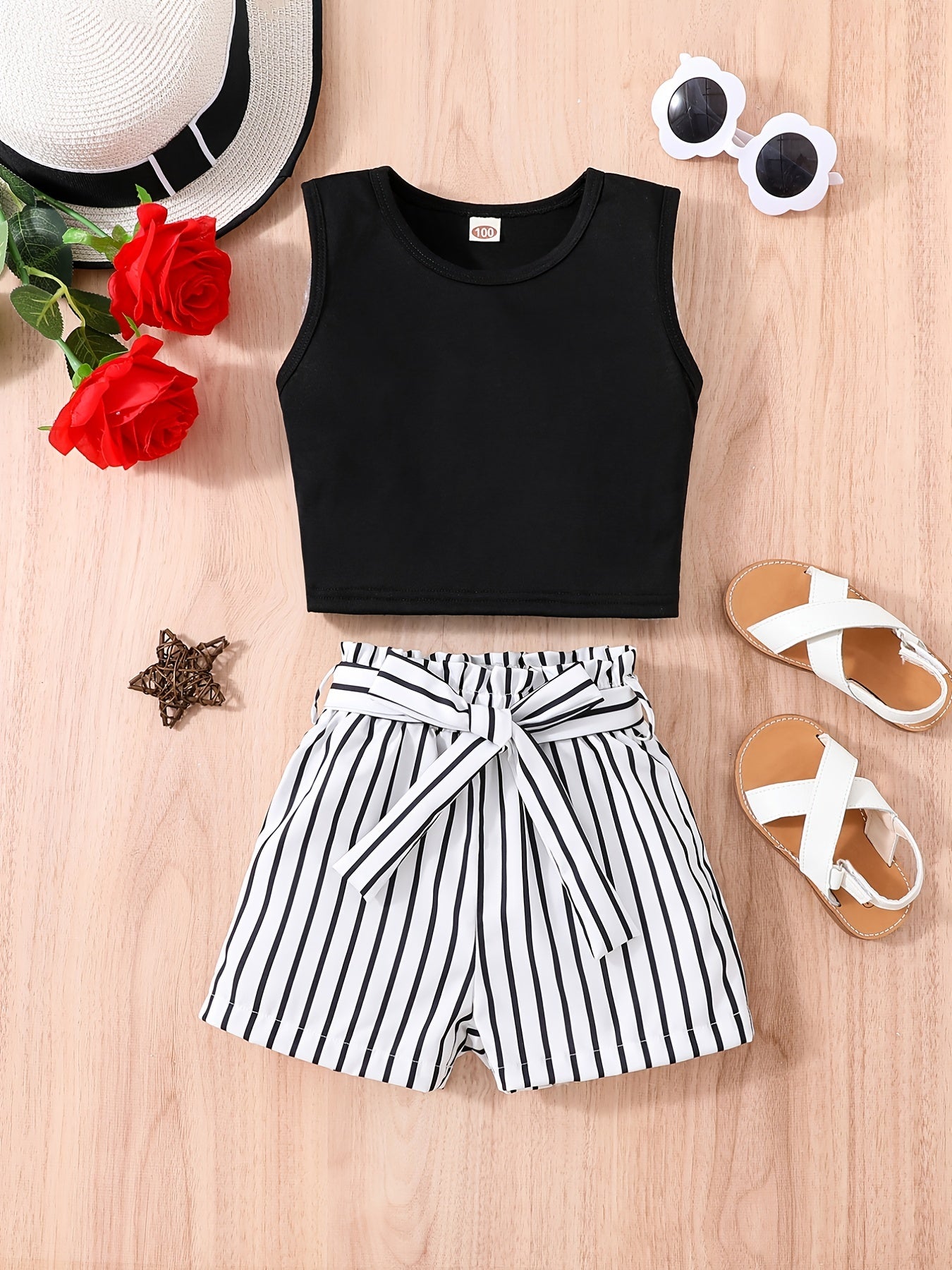 Girls Sleeveless Crop Tank Top & Stripes Shorts Set Kids Summer Clothes