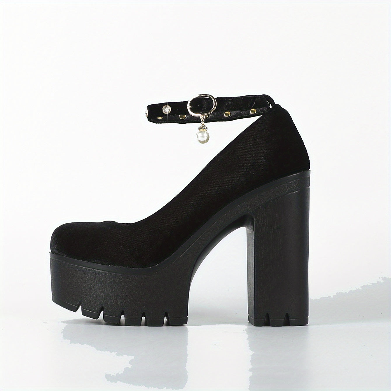 Rhinestone Strap Block Heels Buckle Platform Pumps