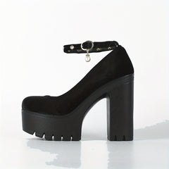 Rhinestone Strap Block Heels Buckle Platform Pumps