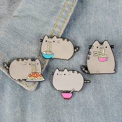 Cute Gray Cat Eating Noodle Brooch
