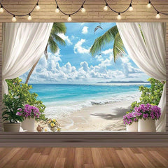 Tropical Beach Scene Backdrop with Palm Trees and Vibrant Flowers