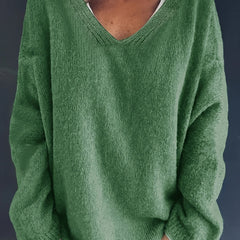 Solid V Neck Sweater Long Sleeve Loose Fit Pullover
