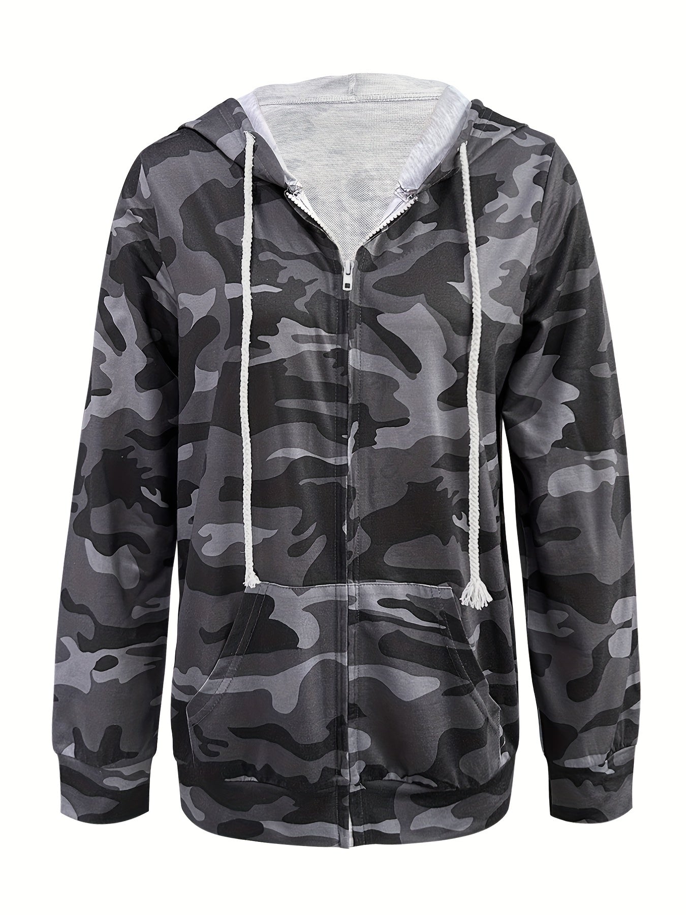 Camouflage Print Zip Up Hoodie Casual Long Sleeve Drawstring Hoodies