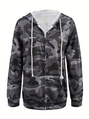 Camouflage Print Zip Up Hoodie Casual Long Sleeve Drawstring Hoodies
