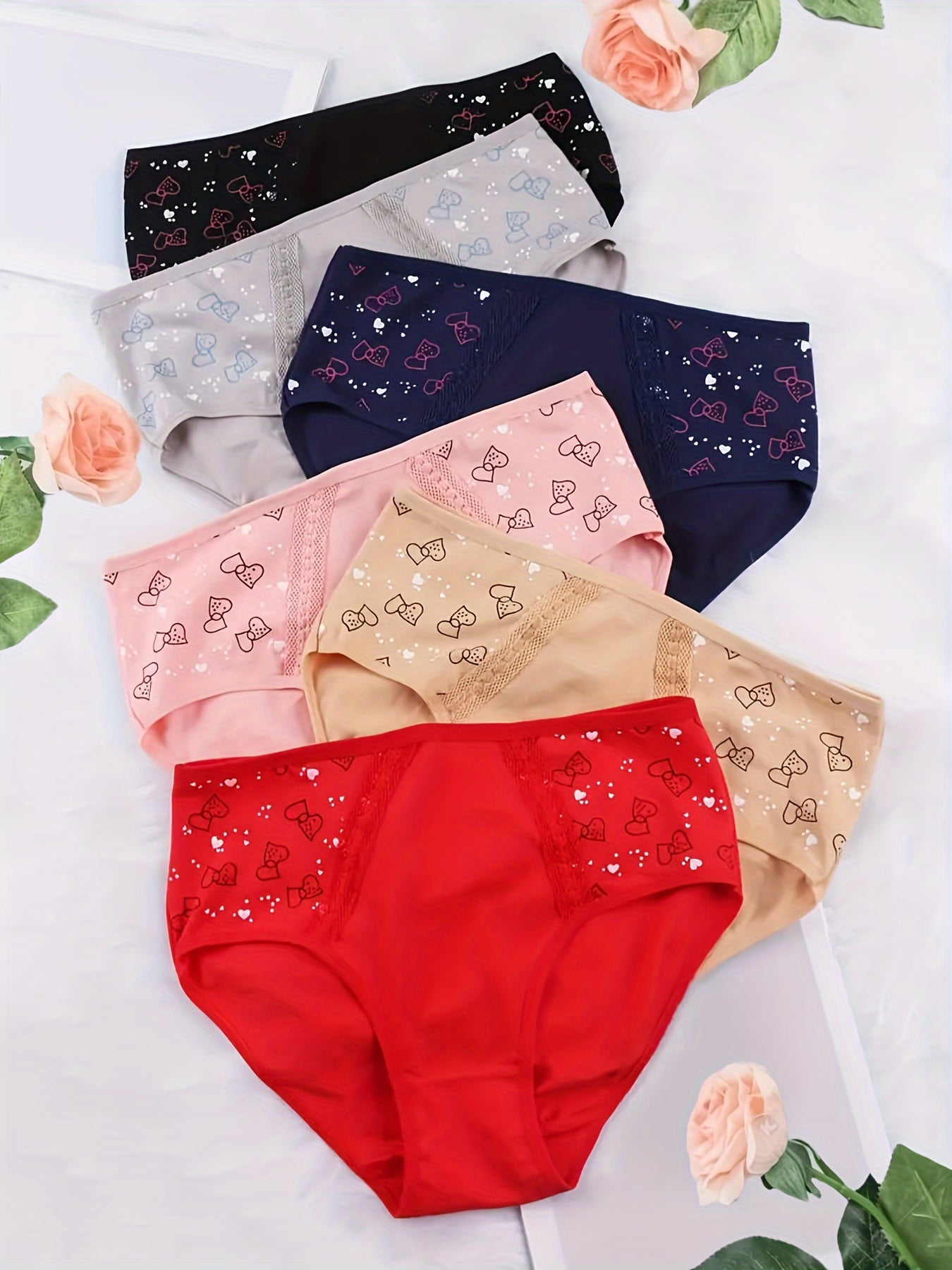 6pcs Heart Print Briefs Comfy & Breathable Intimates Panties