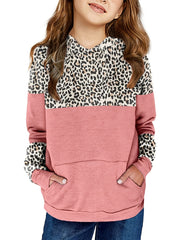 Girls Leopard Stitching Hoodie Long Sleeve Fleece Sweatshirt for Autumn