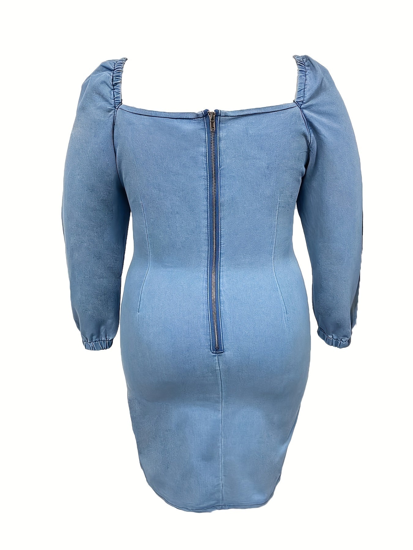 Sexy Denim Dress Women's Half Zip Lantern Sleeve Square Neck