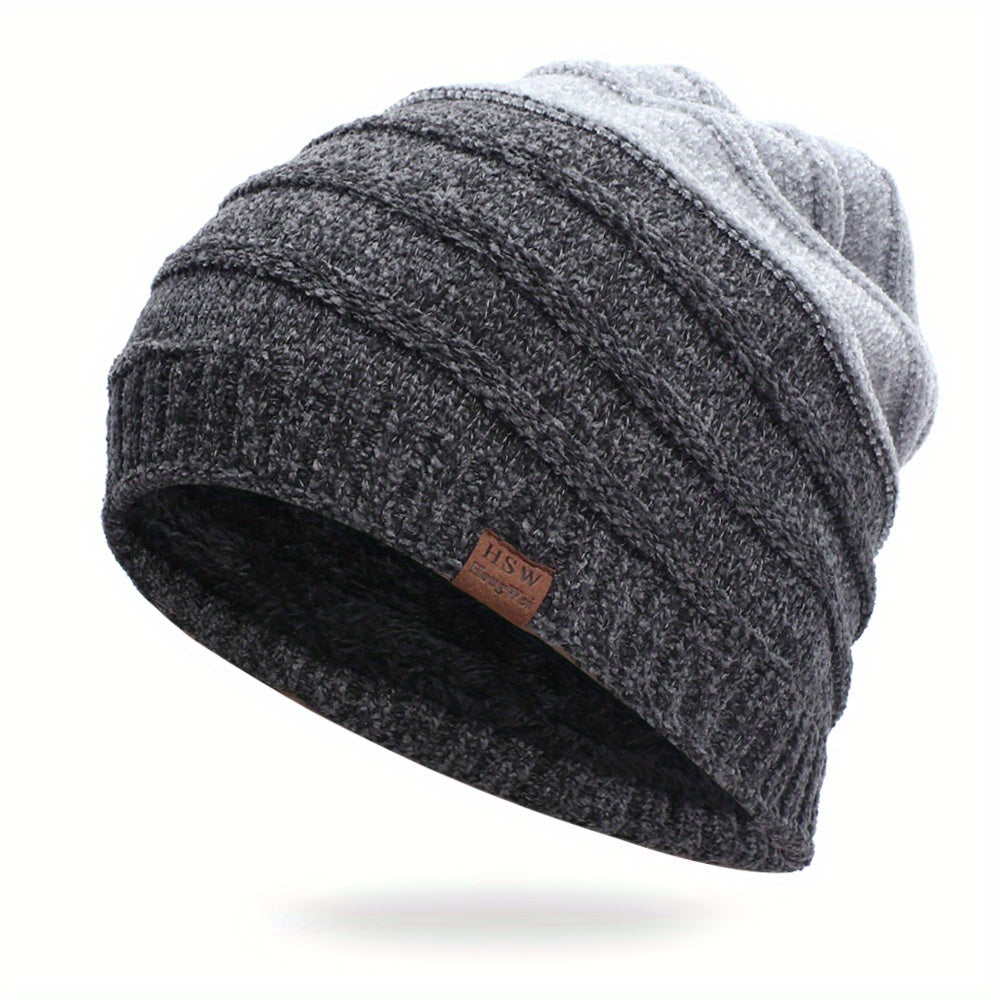 Men's Plus Fleece Beanie Outdoor Warm Knitted Hat Ski Hip Hop Hat
