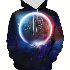Planet Print Hoodies For Men Graphic Sweatshirt With Kangaroo Pocket