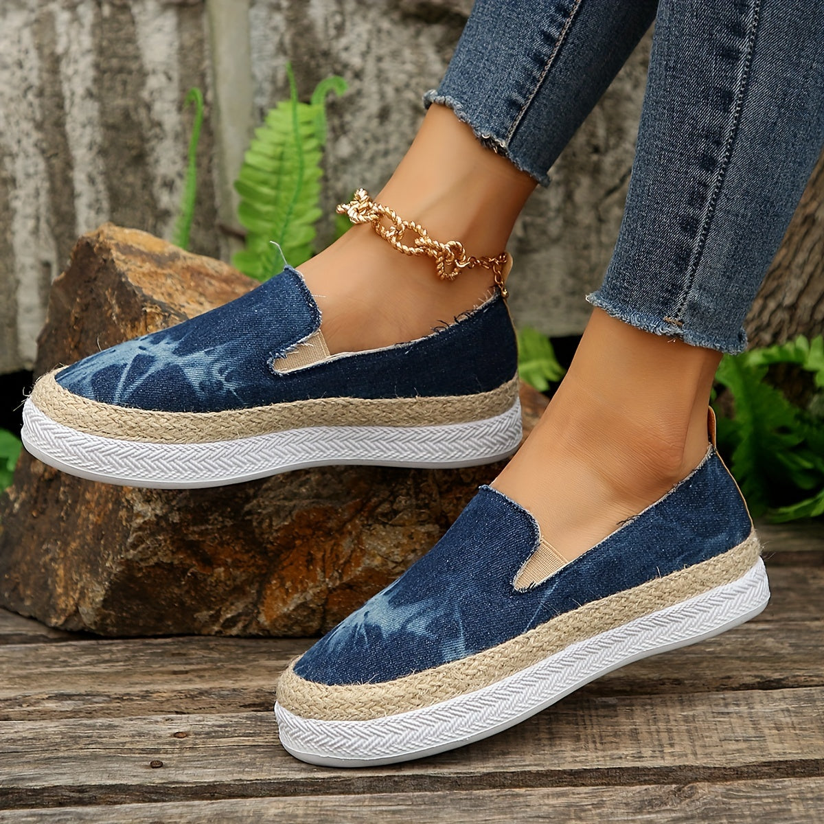 Women's Denim Platform Espadrille Sneakers Slip On Flat Low Top Shoes