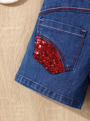 Girls' Stretch Heart Embroidered Denim Shorts for Street Outwear