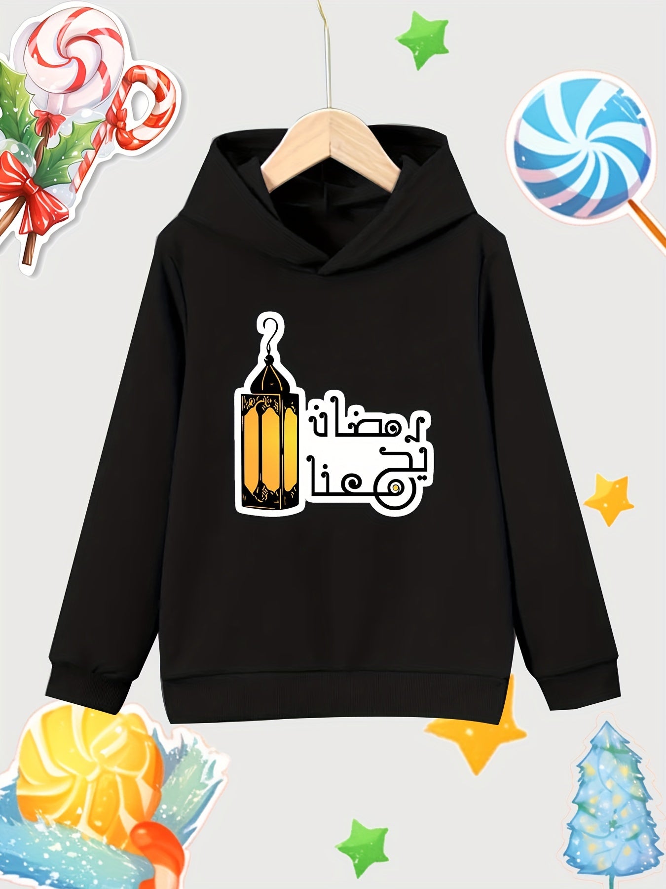 Lantern Print Girls Cotton Pullover Hooded Sweatshirt