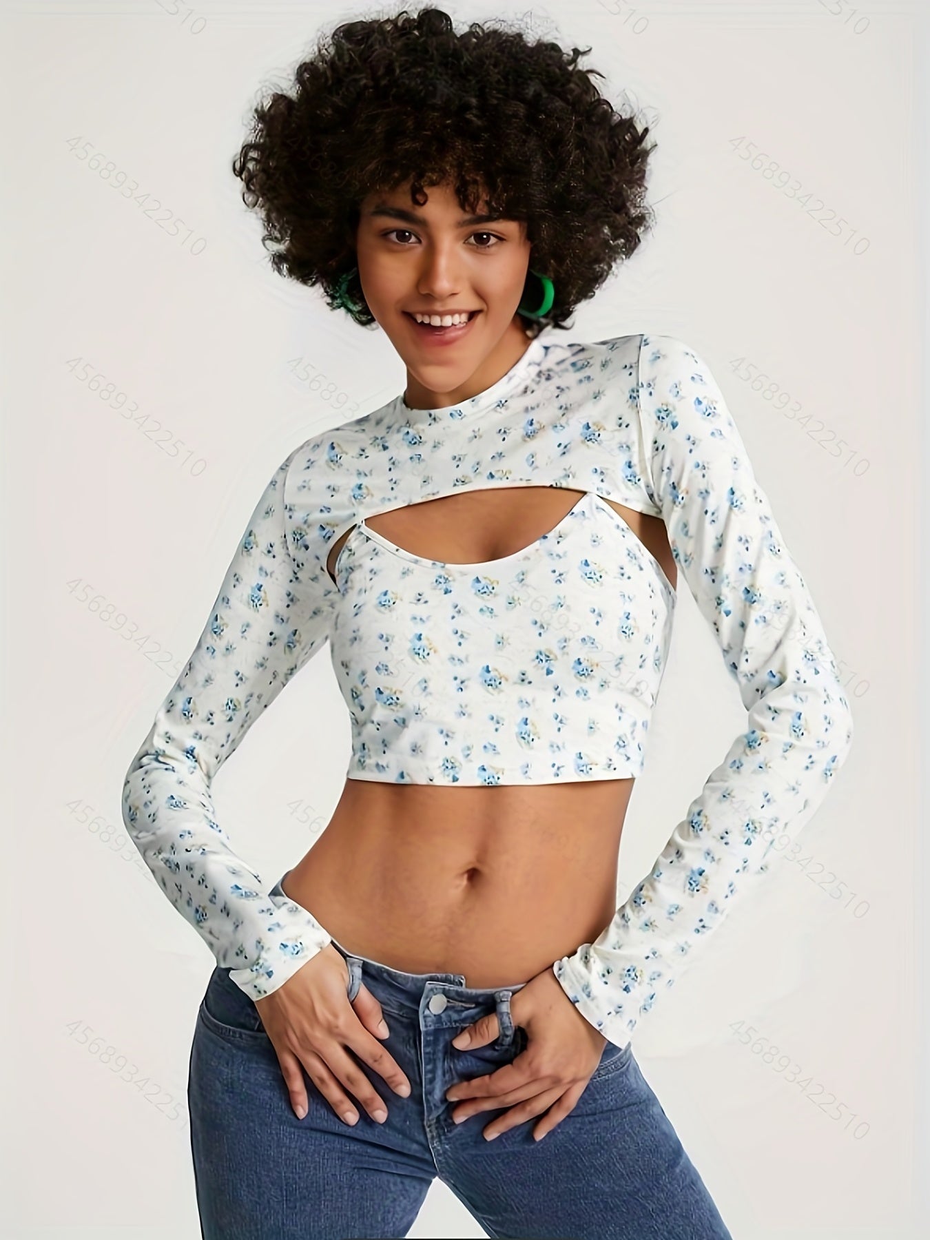 Floral Print Two piece Set Long Sleeve Crew Neck Tops & Bralette Set