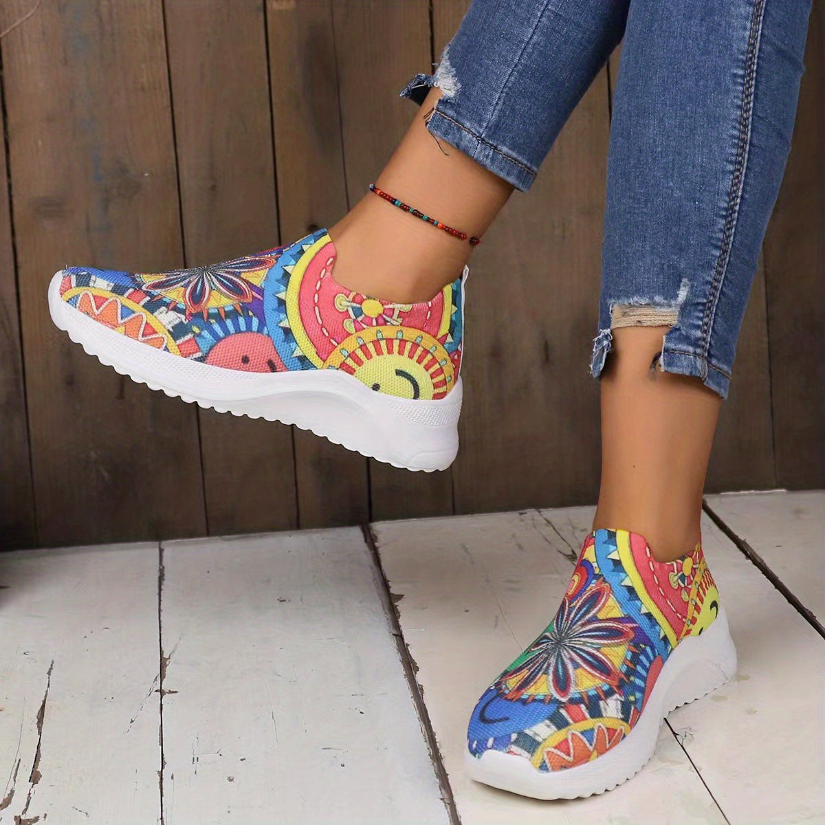 Women's Smile Print Sock Shoes Colorful Slip On Low Top Casual Shoes