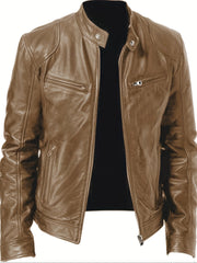 Stylish PU Biker Jacket Men's Casual Zip Up Faux Leather Jacket