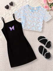 2pcs Toddler Girls Butterfly Graphic Dress & Top Set For Party Beach Vacation