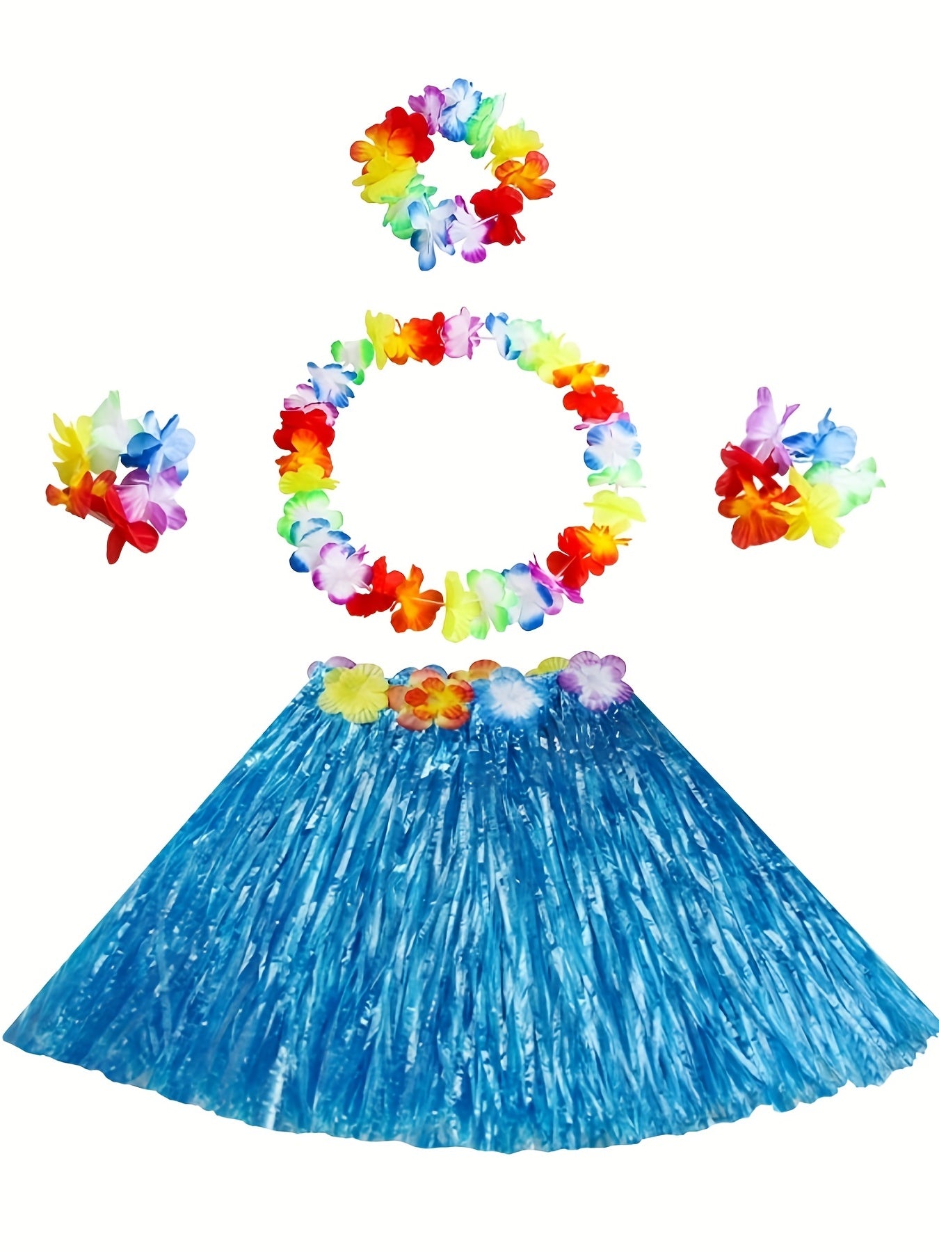 Girls Hawaiian Grass Skirt & Flowers Hula Set Costume for Halloween Party
