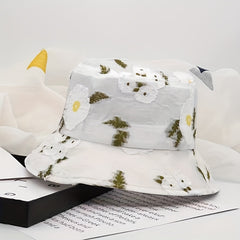 Flower Print Mesh Bucket Hat Thin Embroidery Basin Hat Sunscreen Fisherman Cap