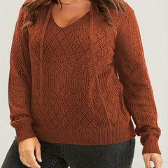 Casual Sweater Women's Solid Pointelle Drawstring V Neck Pullover